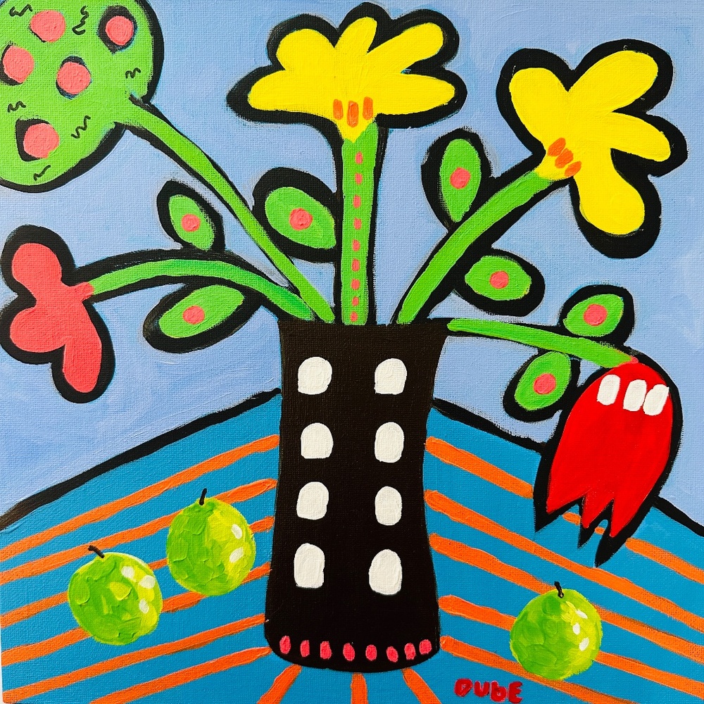 Original Abstract POP Art Painting Apples & Flowers, 12x12 Canvas Panel